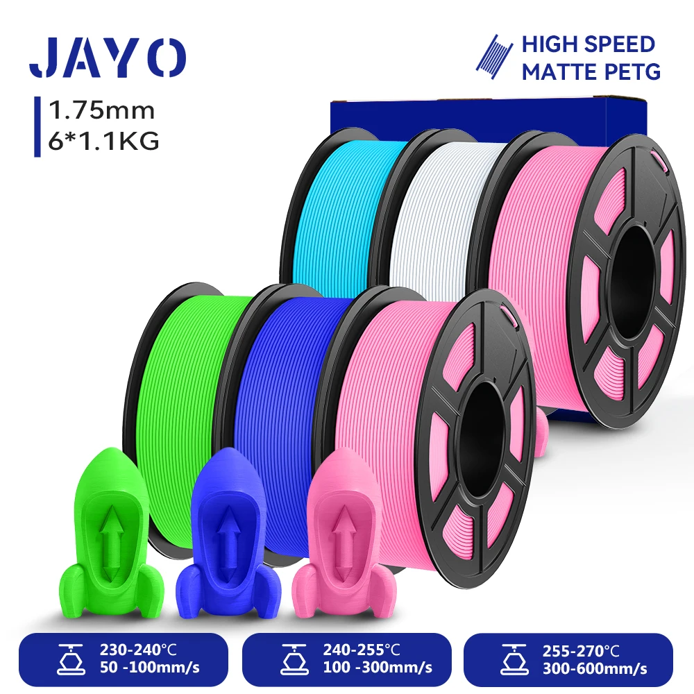 JAYO PETG 3D-Filament 1,75MM Hochgeschwindigkeits-Mattes PETG 3D-Drucker-Filament 6 Rollen High-Flow Speedy Matte Effekt 3D-Druckmaterialien