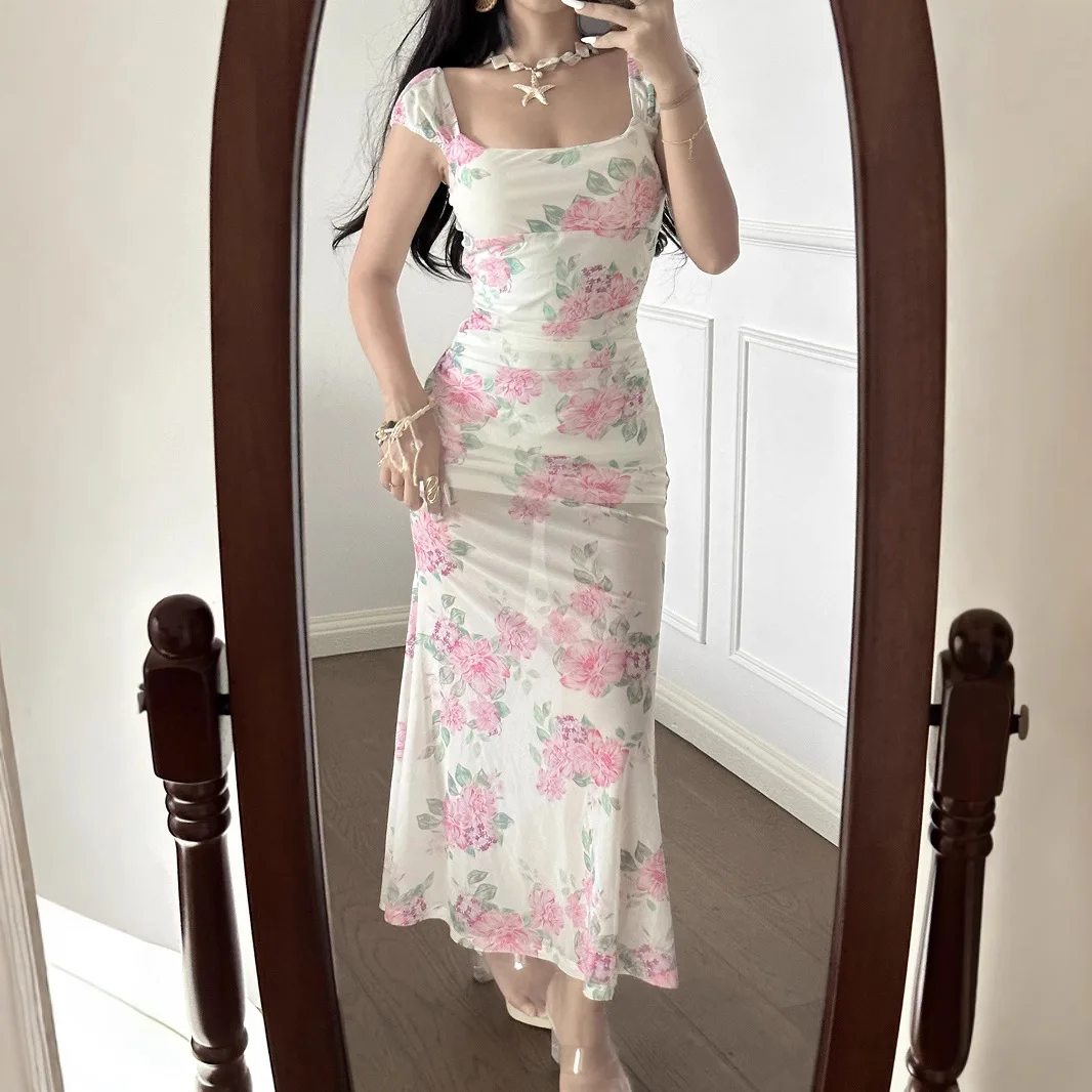 Zeyla Women's 2025 Floral Maxi Dress U-Neck Sheer Bohemian Beach Gown Youthful Slimming Summer Vacation Romantic Outfit