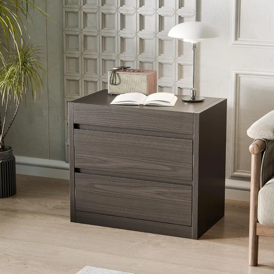 Nightstand with Top Hidden Storage Modern End Table with 2 Drawers No Handle Design Wood Bedside Table for Living Room Brown 25