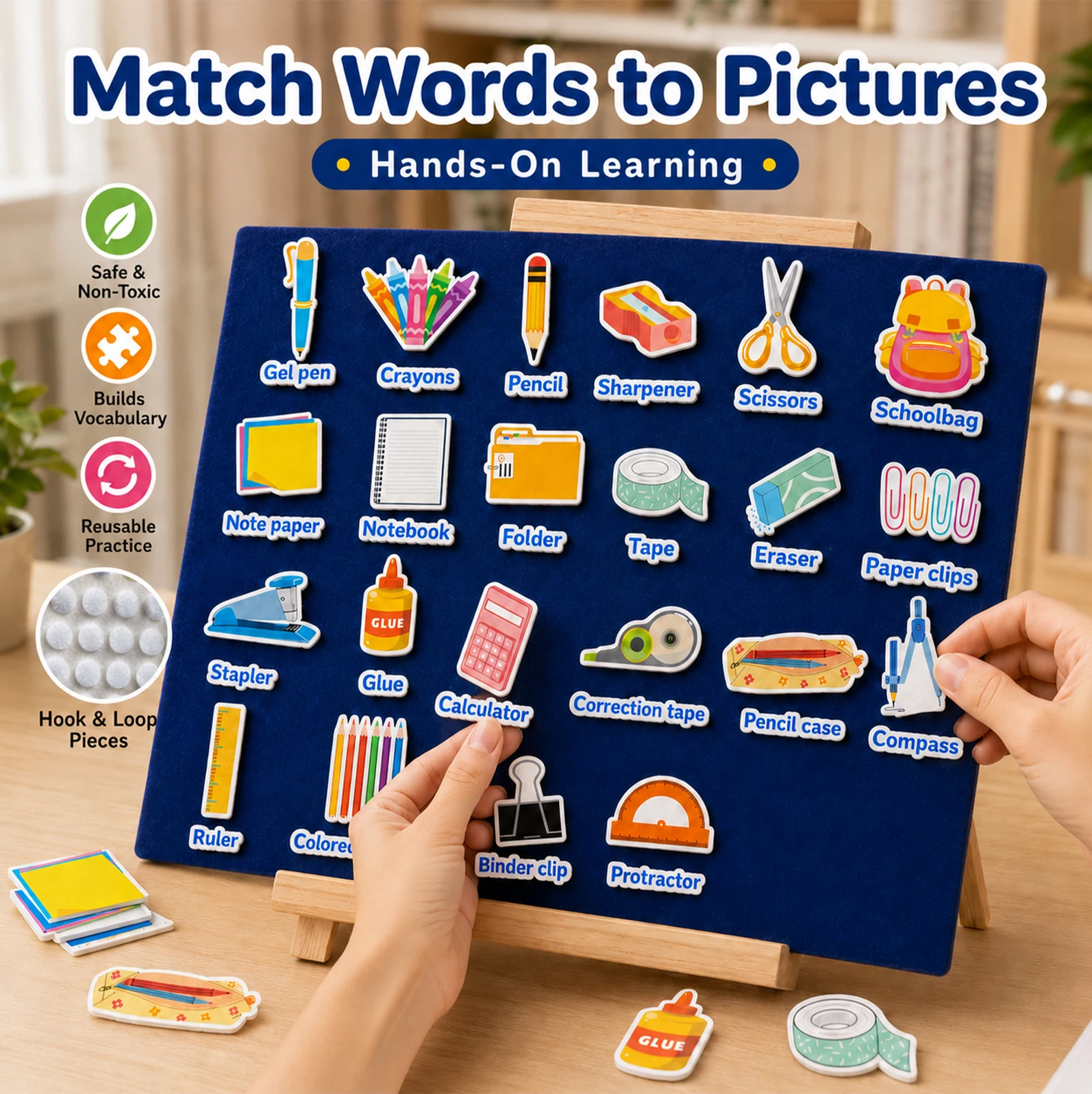 44 Pcs Stationery Vocabulary Felt Cards, Matching Game Teaching Props, Classroom Interactive Aids for Early Education, Back-To-S