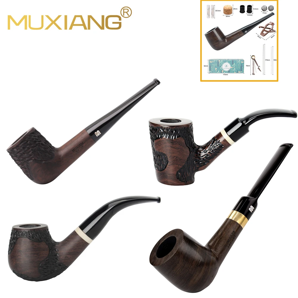 

MUXIANG ebony tobacco pipe hand-carved pipe curved handle smoking pipe For men's gift bowl diameter 18mm bowl depth 36mm