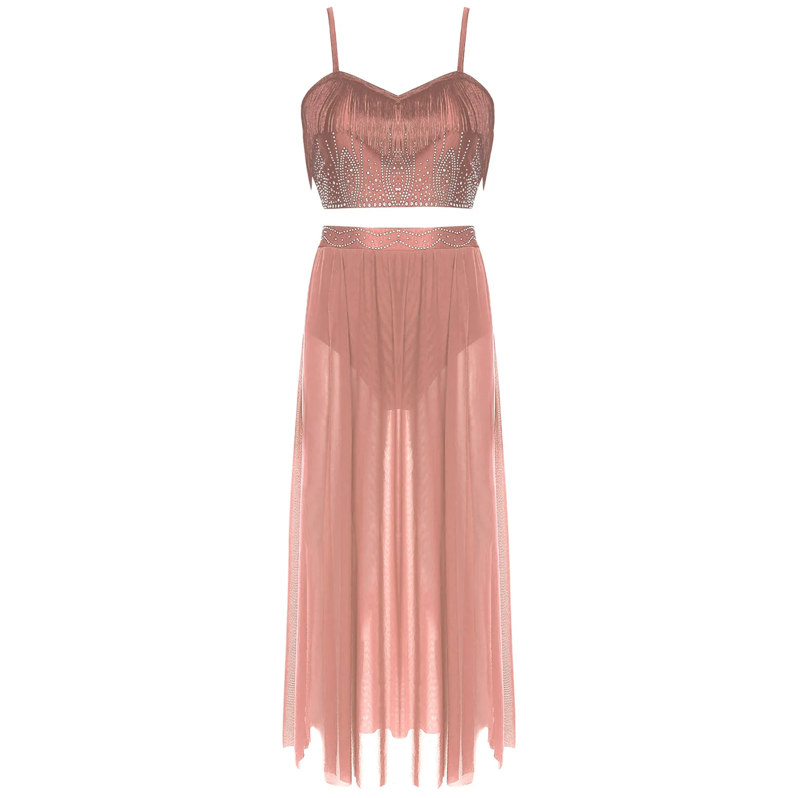 

Women Modern Lyrical Dance Outfit Set Rhinestone Tassel Crop Vest and Sheer Mesh Skirts with Briefs for Belly Modern Dancewear