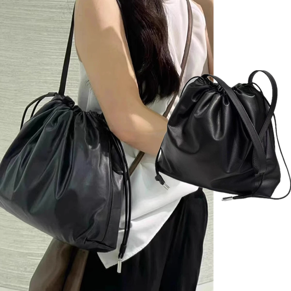 

Dave&Di French Minimalist Design Genuine Leather Cloud Bag Drawstring Bag Shoulder Crossbody Bag Bucket Bag Women
