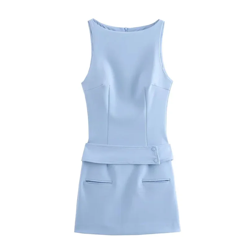 TRAF Blue Sleeveless Mini Dress Woman Belt Short Dresses For Women Fashion Elegant Party Dresses 2024 Summer Bodycon Dress