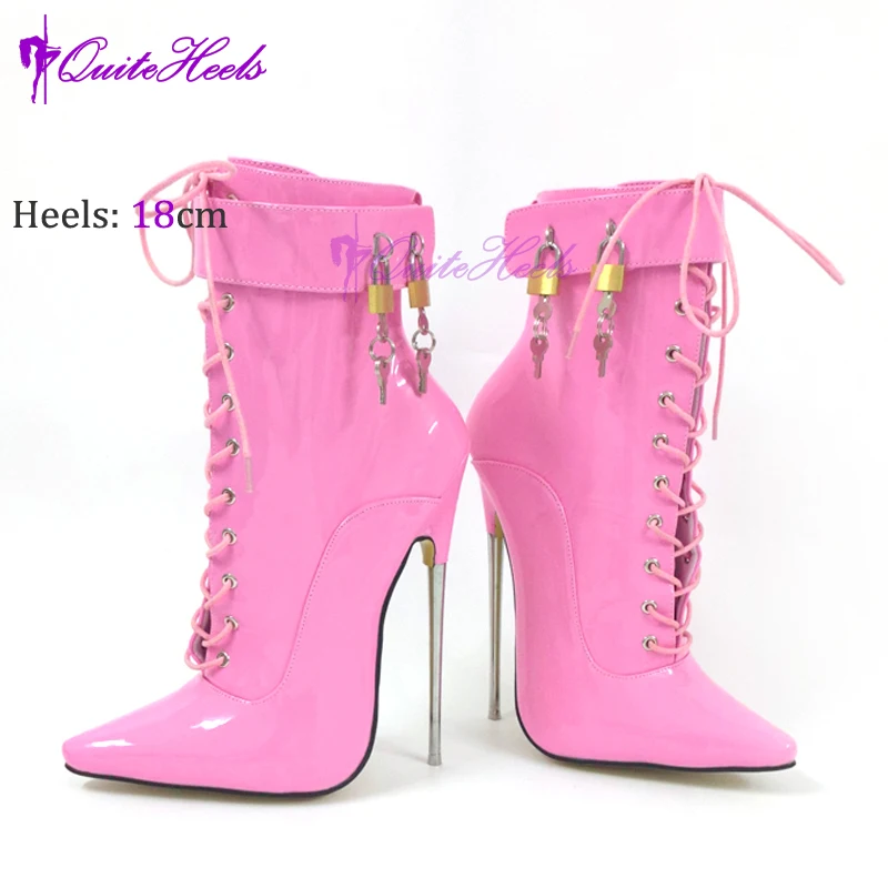 New Sexy 18CM 22cm Super High Heel Metal Stiletto Heels Ladies Pointed Toe Fetish Ankle Boots Strap Wrap Locks Shoes