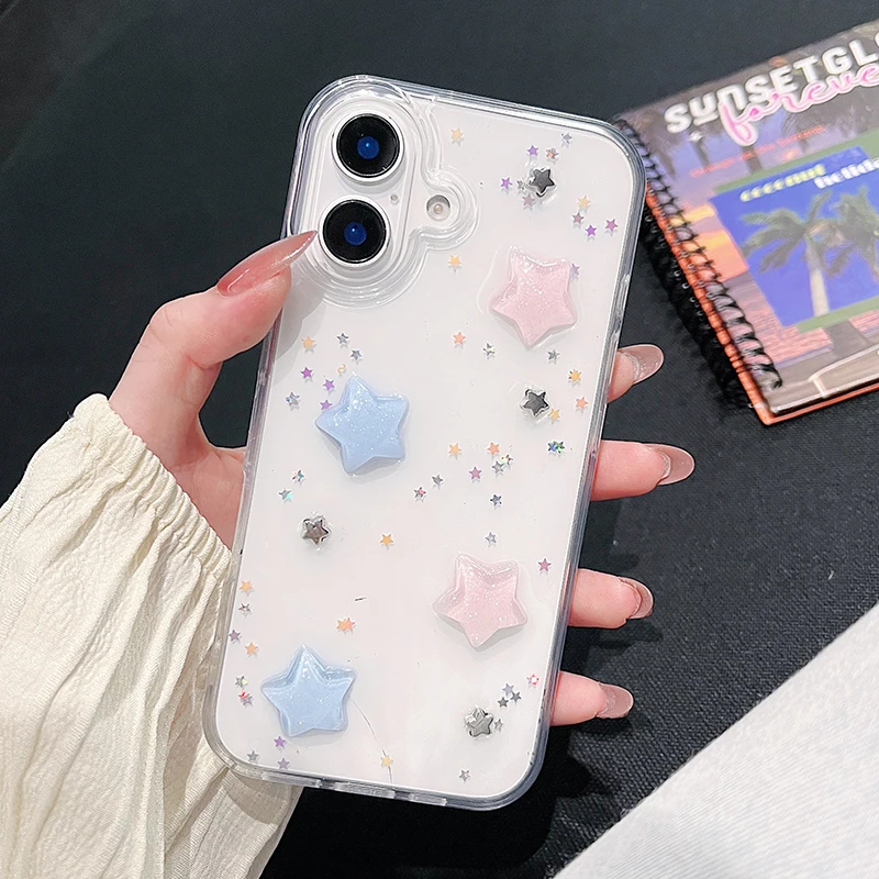Wunderschöne, farbenfrohe 3D-Stern-Glitzer-Handyhülle für iPhone 16 18 Pro Max 17 Air 15 13 12 11 14 Plus mit transparenter Rückseite – Detail 13