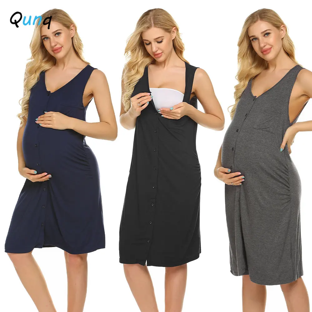 Qunq Summer Women Maternity Knee-Length Dress Solid Sleeveless V Neck Single-Breasted Maternity Home Clothes Simple Nightgowns