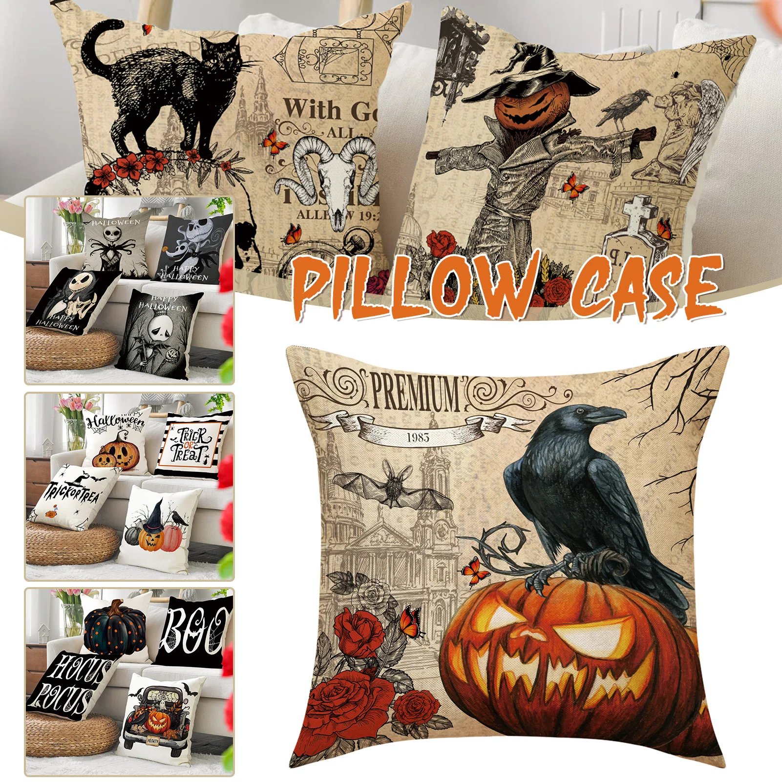 Funny Pumpkin Ghosts Black Cat Print Cushion Cover for Home Halloween Decorations Pillow Case 45x45 Pillow Cover Holiday Gifts