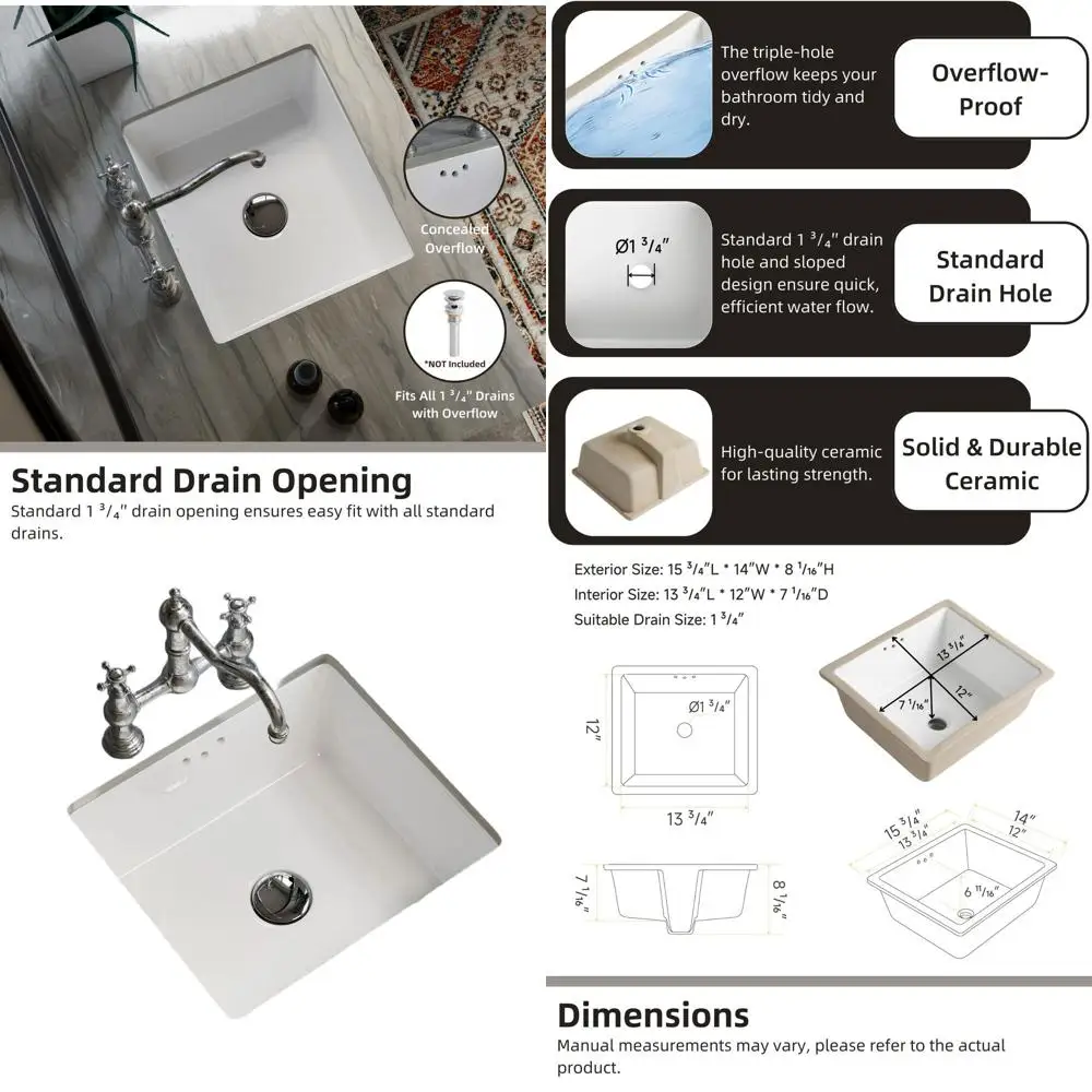 

Белая керамическая раковина для ванной под столешницу с переливом, компактная, шириной 14 дюймов, легко устанавливаемая, для тумбы под раковину