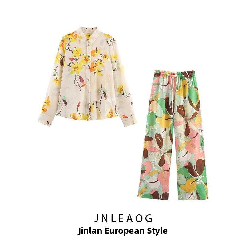 JNLEAOG-Conjunto de moda para mujer, csa con estampado Floral y plones largos, fibra de poliéster, manga larga, corte ...