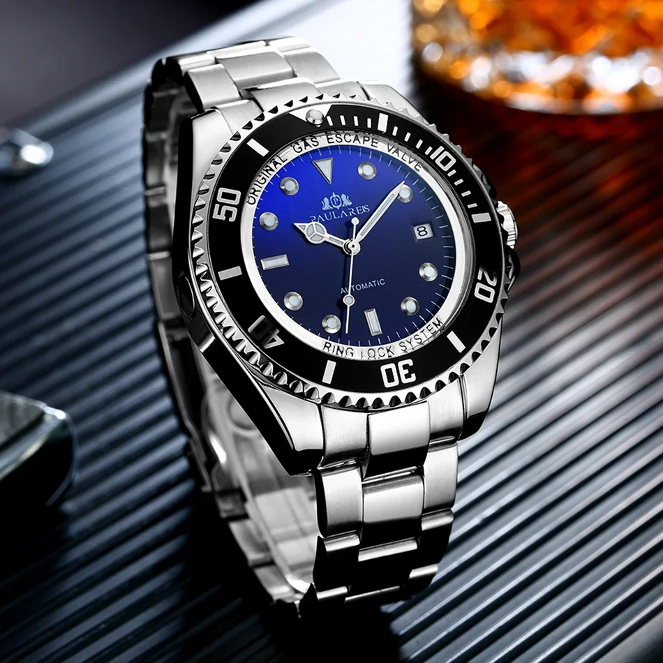 Automatic Men Watch Mechanical Self Wind Movement Stainless Steel Gold Gradient Black Blue Date