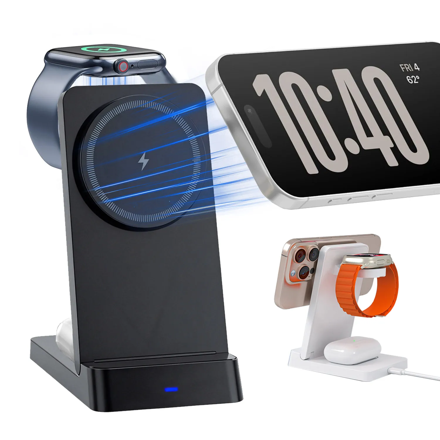 

Магнитное беспроводное зарядное устройство 3 в 1, подставка для телефона Magsafe iPhone 17 16 15 14 13 Pro Max iWatch 11 ~ 2 SE Airpods Pro, быстрая зарядка