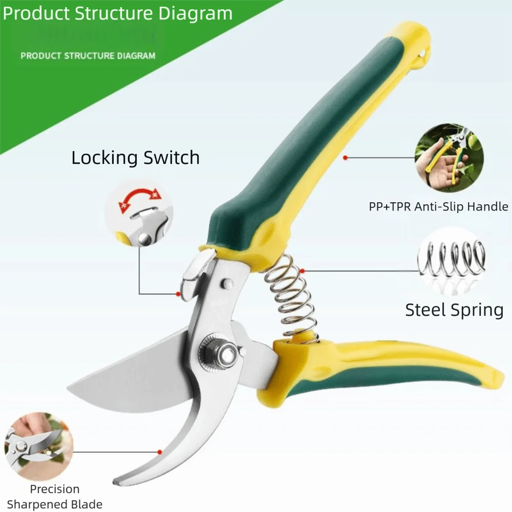 

Секатор из нержавеющей стали с безопасным замком, нескользящей рукояткой, комфортным захватом и амортизацией для обрезки веток деревьев