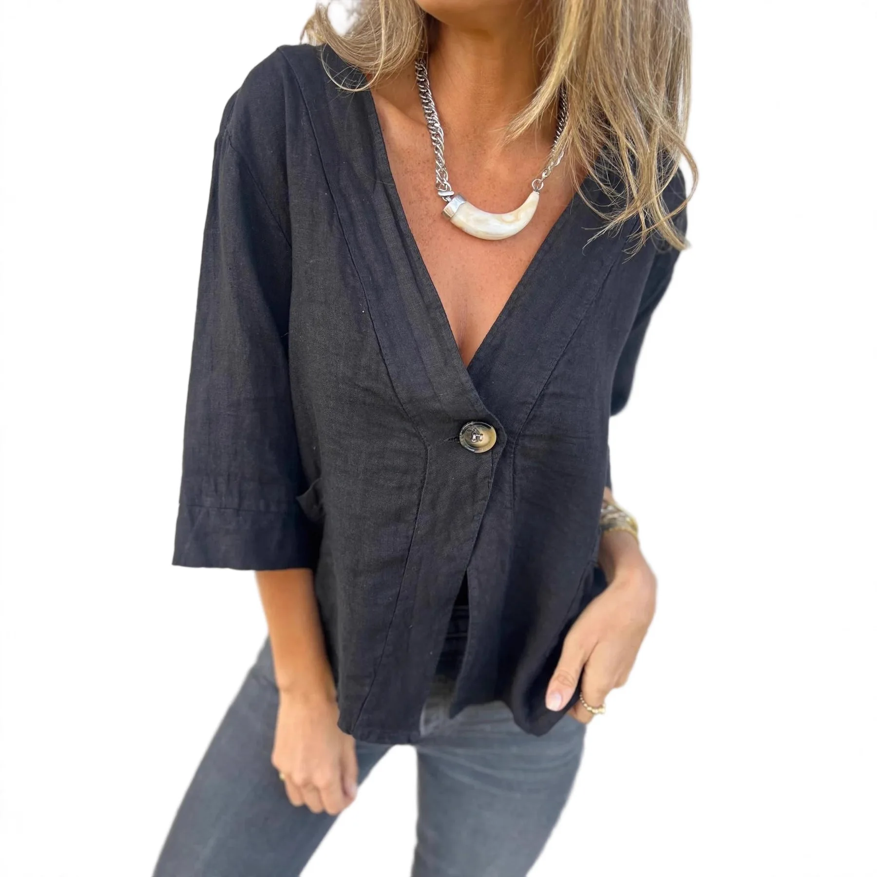 

Women's Fashionable Solid Color Cotton Linen Cardigan Top Autumn Casual V-neck Half-sleeved Extra-large Size Loose Top Jacket