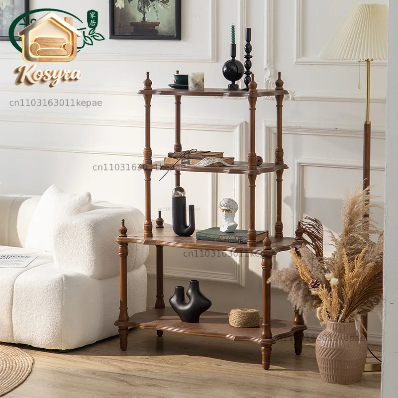Medieval style solid wood multi-layer rack, wabi sandy wind walnut color restaurant Bogu rack, flower shop decorative potted