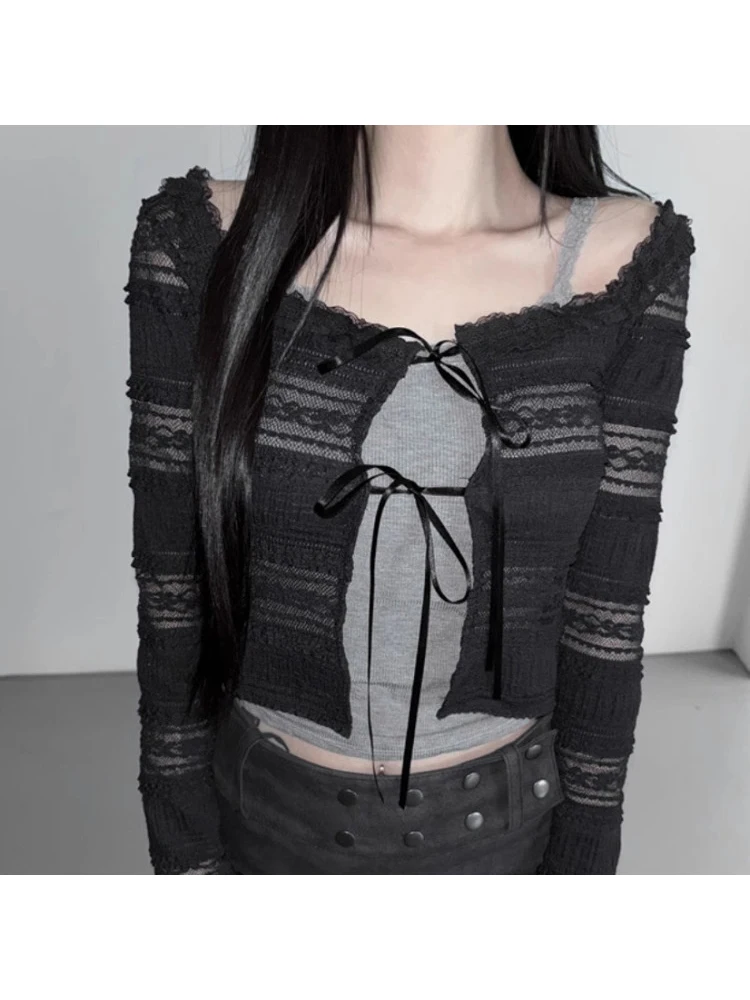 

2025 Autumn Winter Women Ballet Core Korean Knit Crochet Top Long Sleeve Design Cardigan Tees Coquette Gyaru Solid Color Y2k New