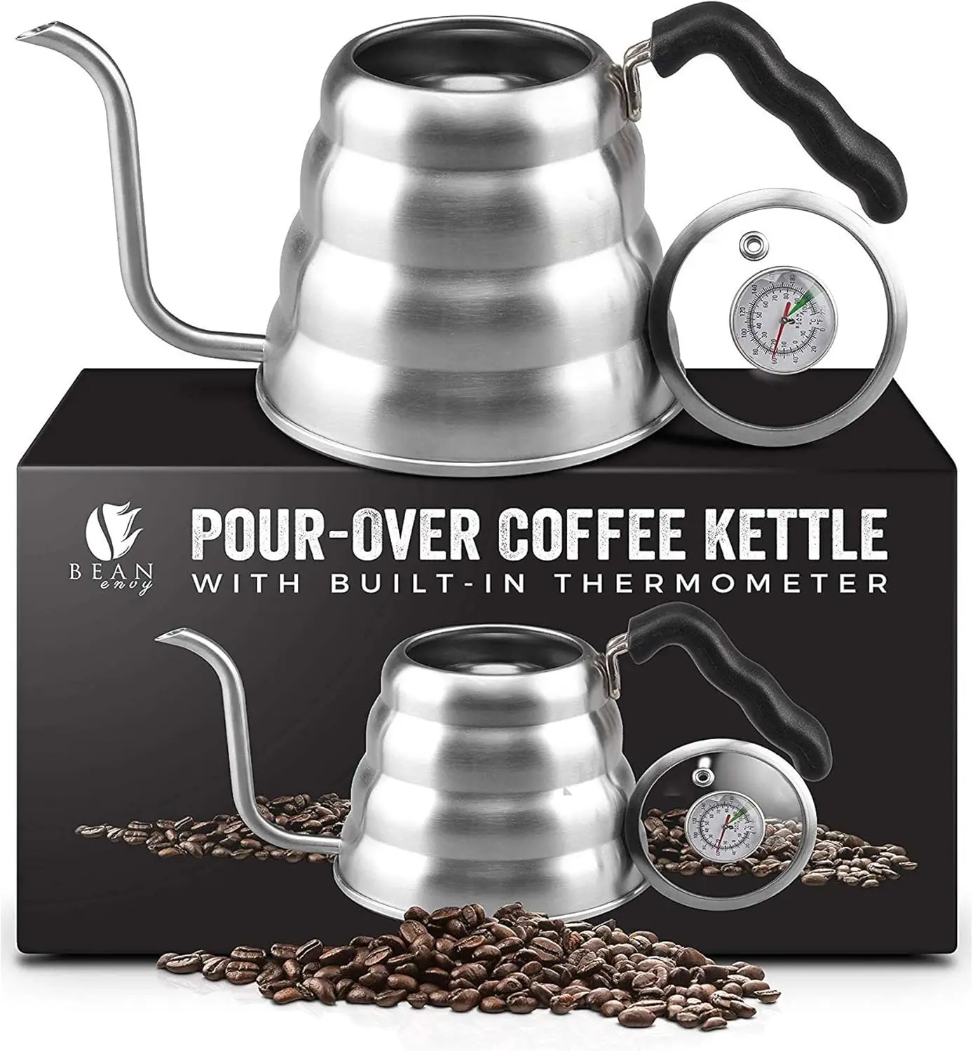 

Small Gooseneck Kettle with Thermometer, Ergonomic Handle, Stainless Steel 40 Oz for Pour Over Coffee and Tea