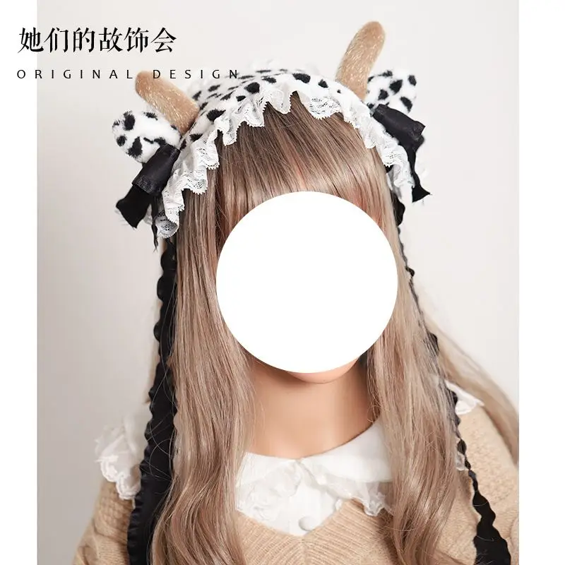 Kawaii Cow Print Headband Lace Bow Head Wrap Lolita Wedding Party Cosplay Maid Headdress Women Girls Anime Hair Accessories