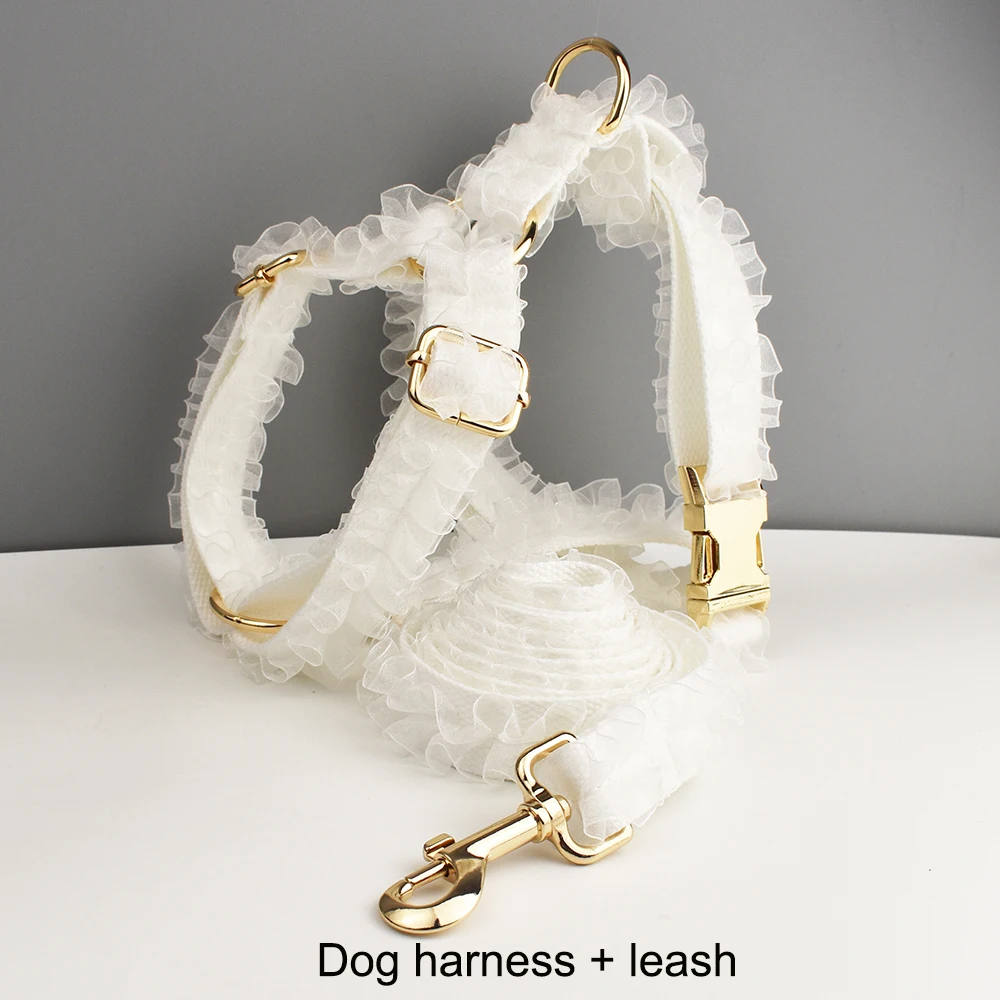 Personalisiertes weißes Spitzen-Hundehalsband mit Gravur, luxuriöses Haustier-Hochzeitsgeschirr, Namensschild, Spitze 01 – Detail 8