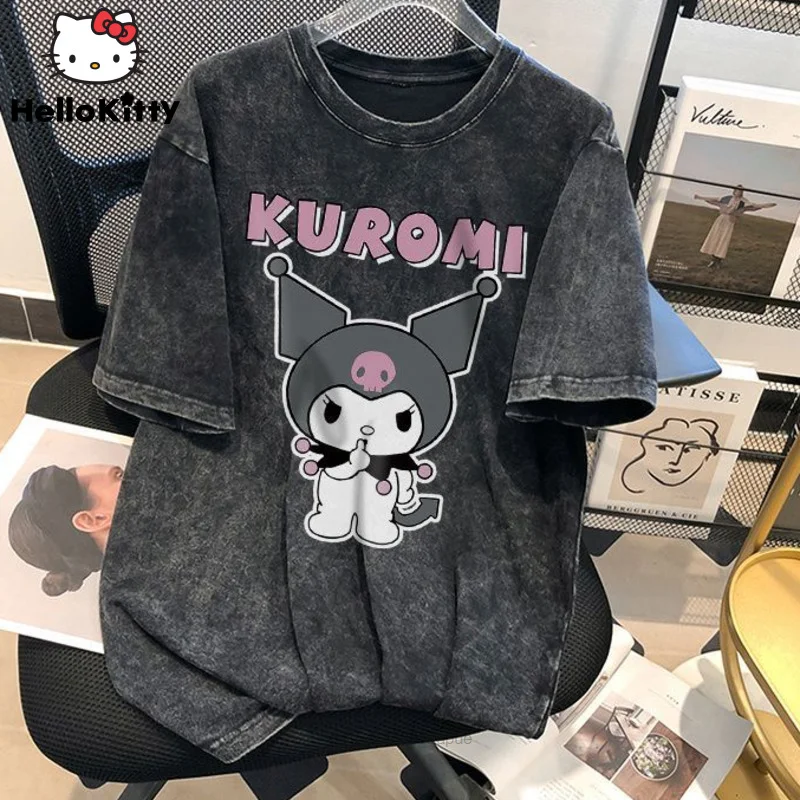 Sanrio kuromi-女性用半袖Tシャツ,レトロなアメリカのTシャツ,特大のストリートウェア,カップル用サマートップ