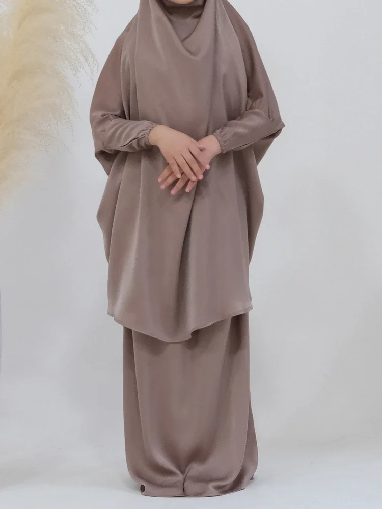 Vestido largo Khimar musulmán Eid para niñas, conjunto de ropa de oración Abaya larga, vestidos de Ramadán, bata Jubha, caftán jilbab, 2 piezas