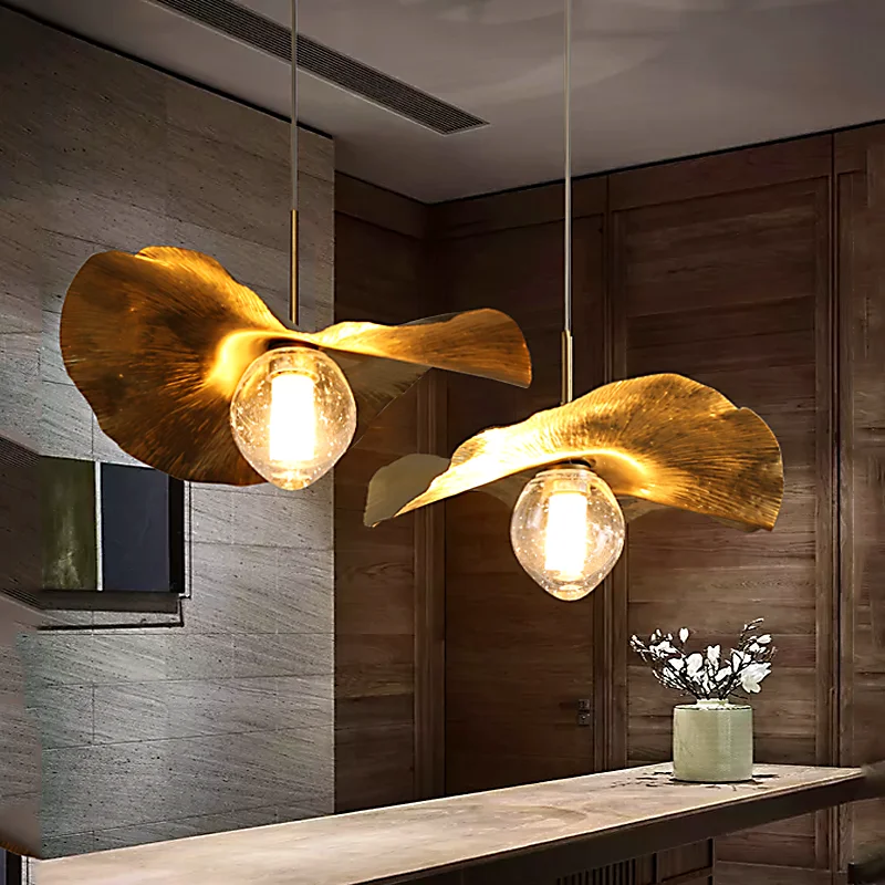 moderno bronze folha de lotus led luzes pingente para restaurante mesa cafe cozinha ilha lustre decoracao casa lustres luminarias 01