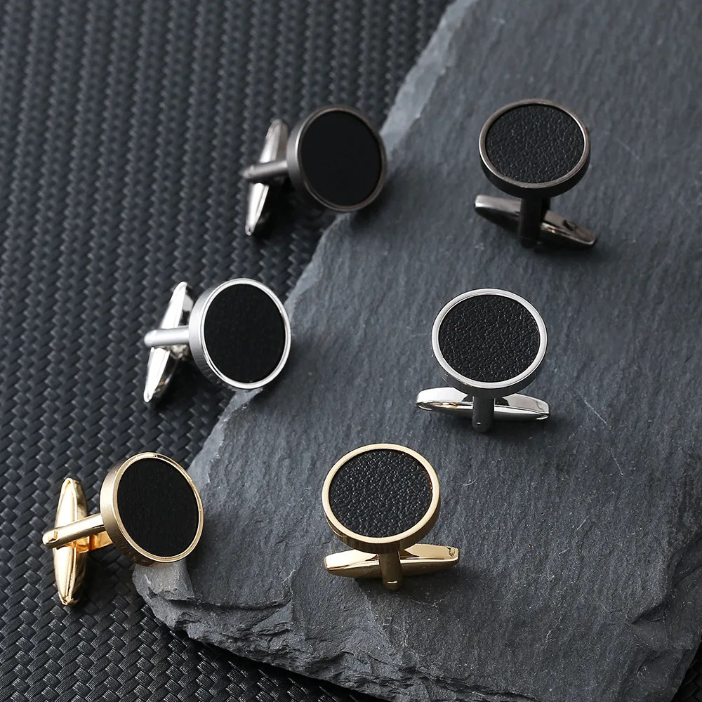 Classic Round Faux Leather Cufflinks for Men Matte Black Leather Inlay Metal Cuff Links Business Formal Shirt Sleeve Groom Gift