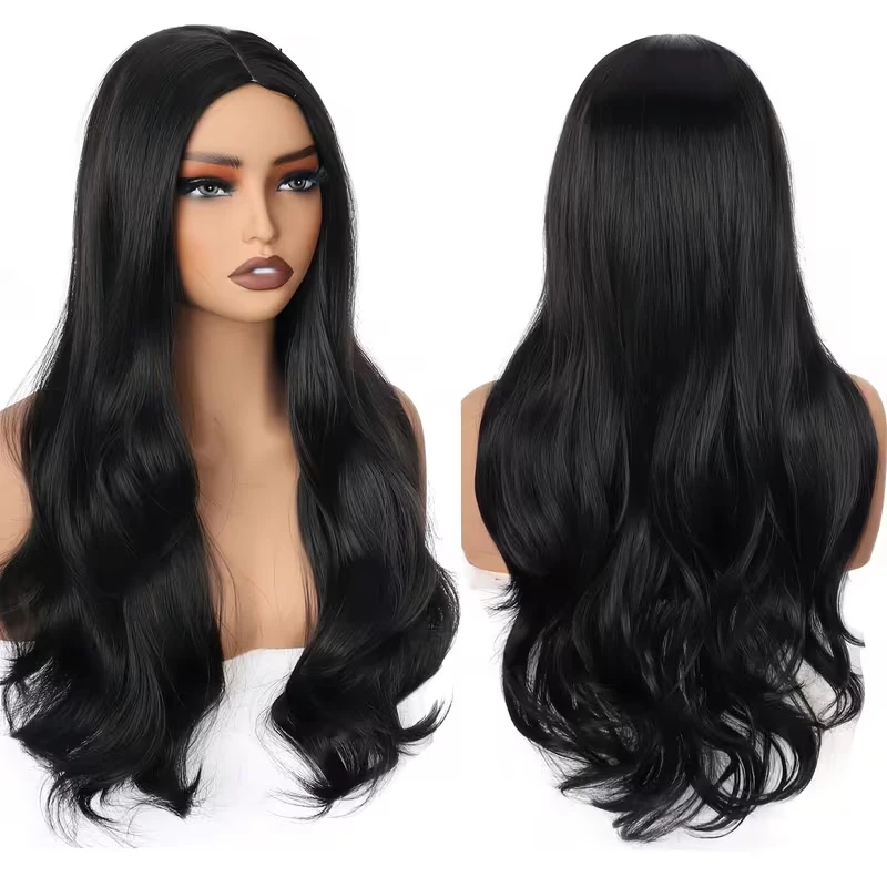 Black Fashionable Wavy Curl Synthetic Wig - Halloween Cosplay Costume Wig - Daily High-Temperature Synthetic Hair Cap