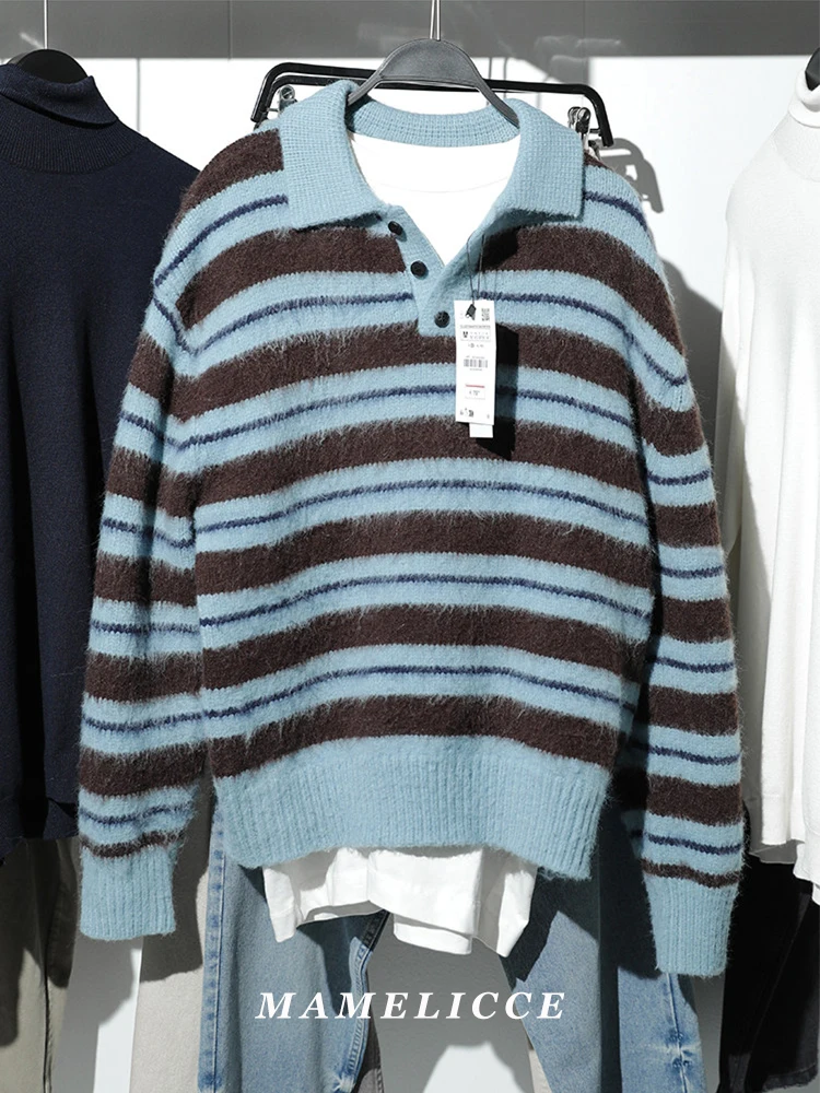 MAMELICCE Pullover Original com gola listrada e capuz, suéter de malha casual.