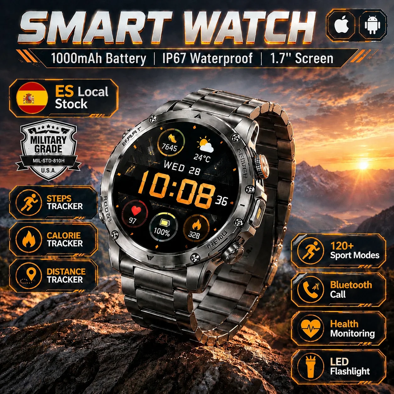 [ES Envío Rápido] AK87 Reloj Inteligente Militar Hombre Pantalla HD 1.7 Pulgadas Llamadas Bluetooth Batería Grande 1000mAh Linterna LED