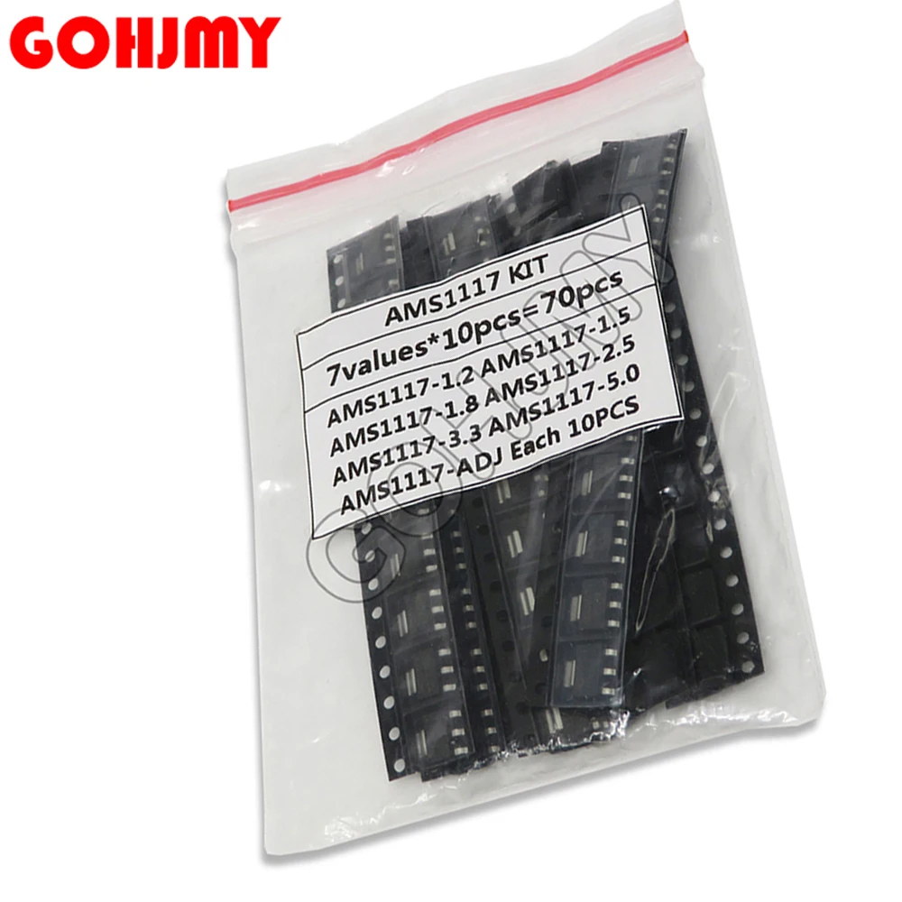 70PCS=7Values AMS1117 ADJ AMS1117-3.3V AMS1117-5.0 AMS1117-ADJ Voltage Regulator Kit 1.2V 1.5V 1.8V 2.5V 3.3V 5.0V Each 10PCS