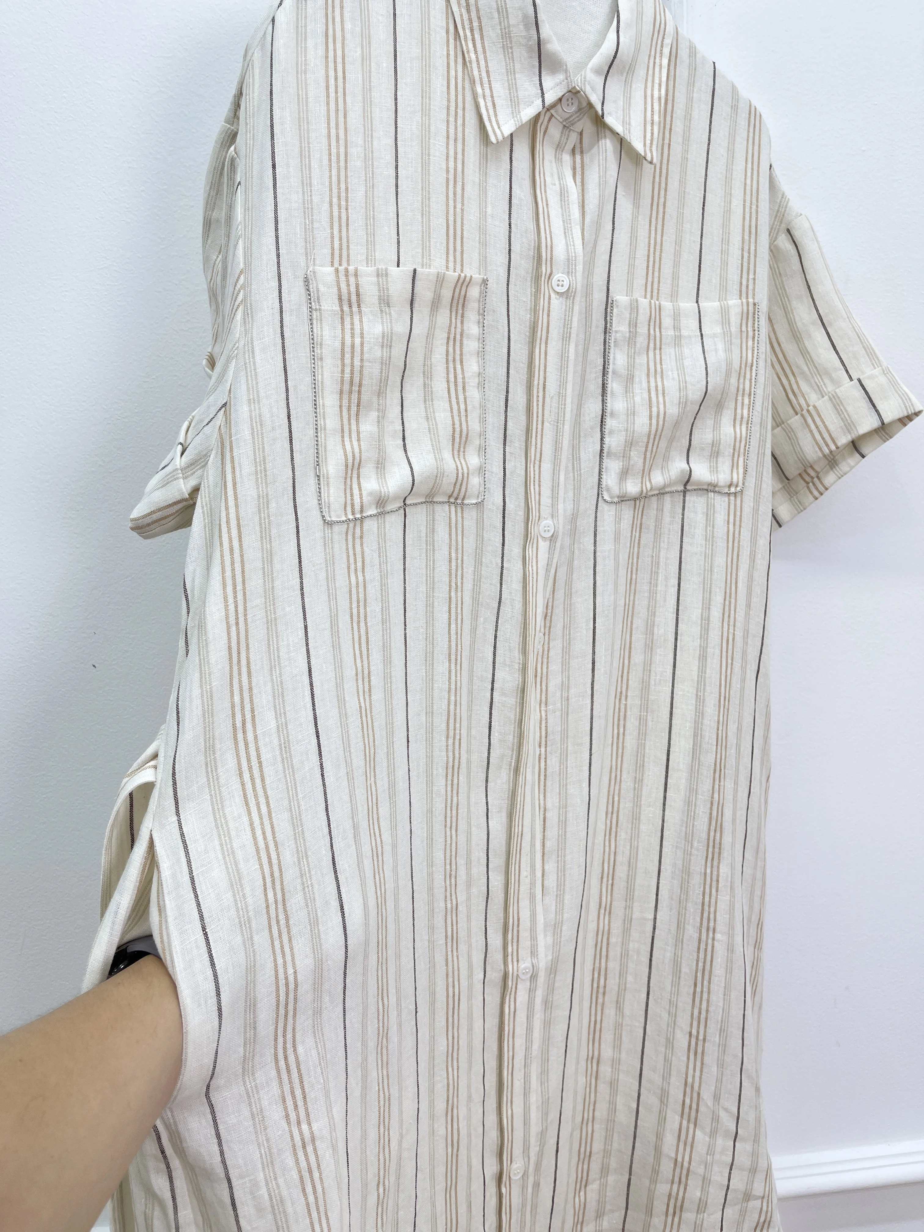 봄과 여름 새로운 고품질 패션 포켓 체인 세로 줄무늬 벨트 셔츠 드레스 여성