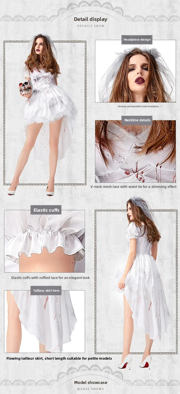 loween  White Ghost Bride Bloodstained Zombie Death God Wedding Dr Photo oot Mummy Dry Skeleton Costume Women