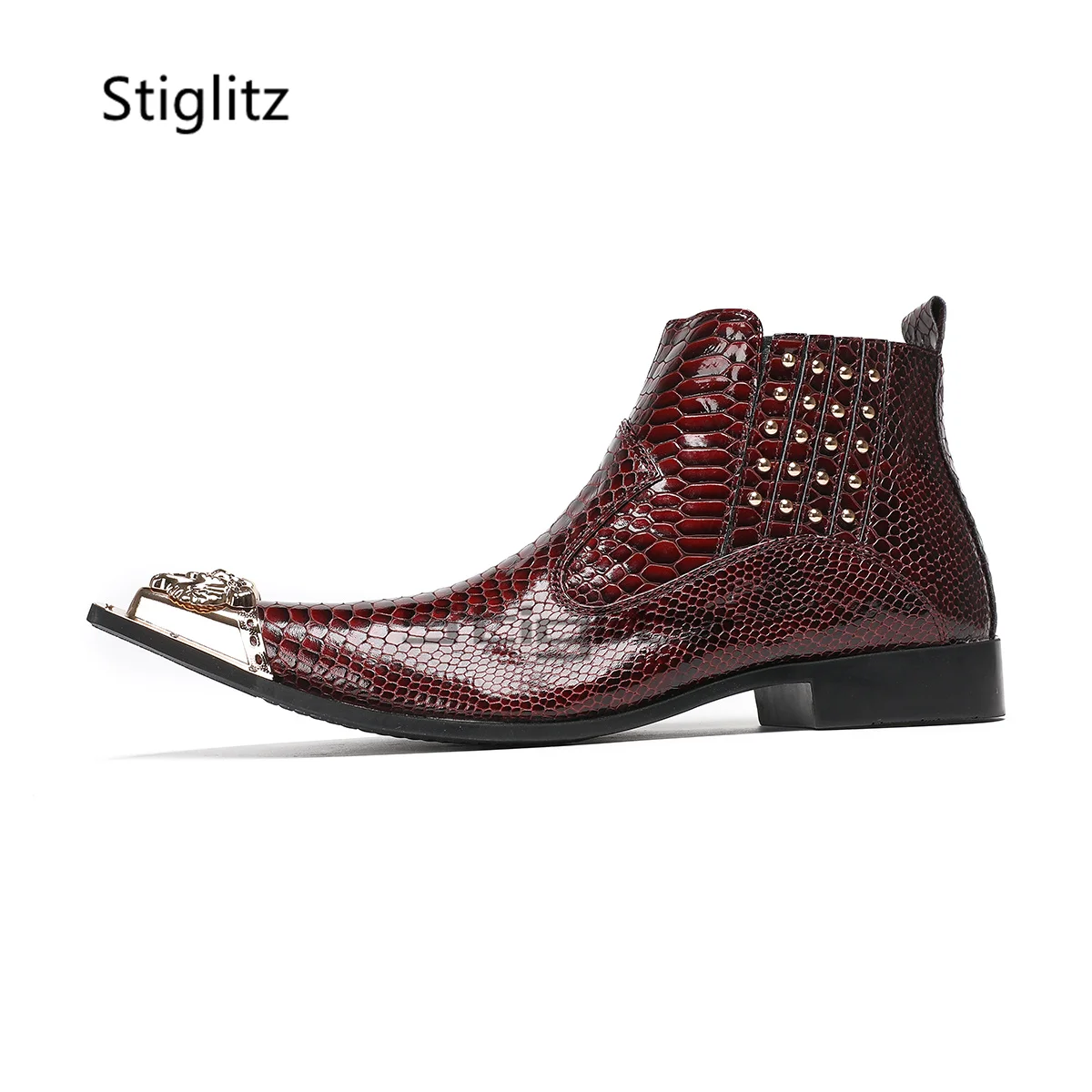 

Metal Pointed Toe Rivets Chelsea Boots for Men Burgundy Snake Pattern Patent Leather Wedding Shoes Bridegroom Ankle Boots