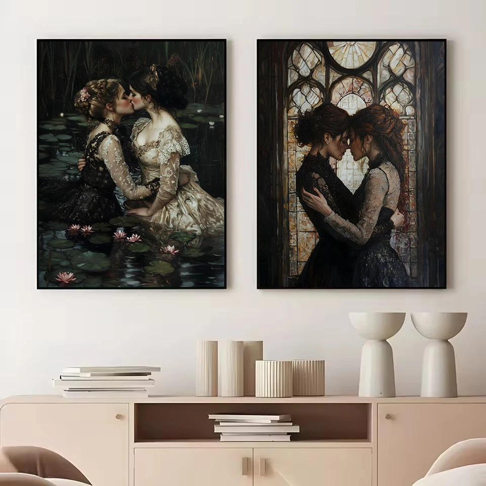 Victorian Lesbian Gothic Greek Mythology Girl Couple Cottagecore Poster Canvas Painting Wall Art Pictures Home Interior Decor