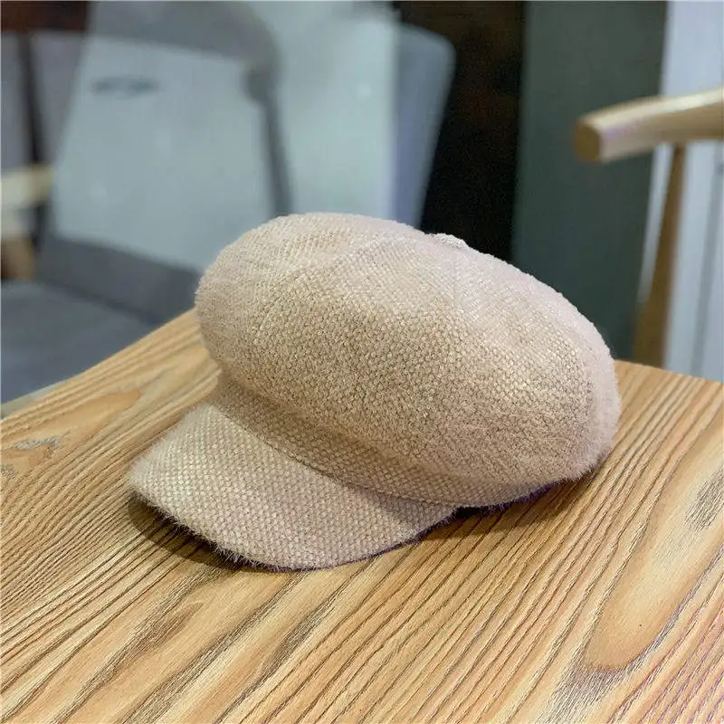 Mink Fur Octagonal Hat Baseball Cap for Women Spring Solid Color Warm Adjustable Pumpkin Beret Mountaineering Outdoor Chapeau