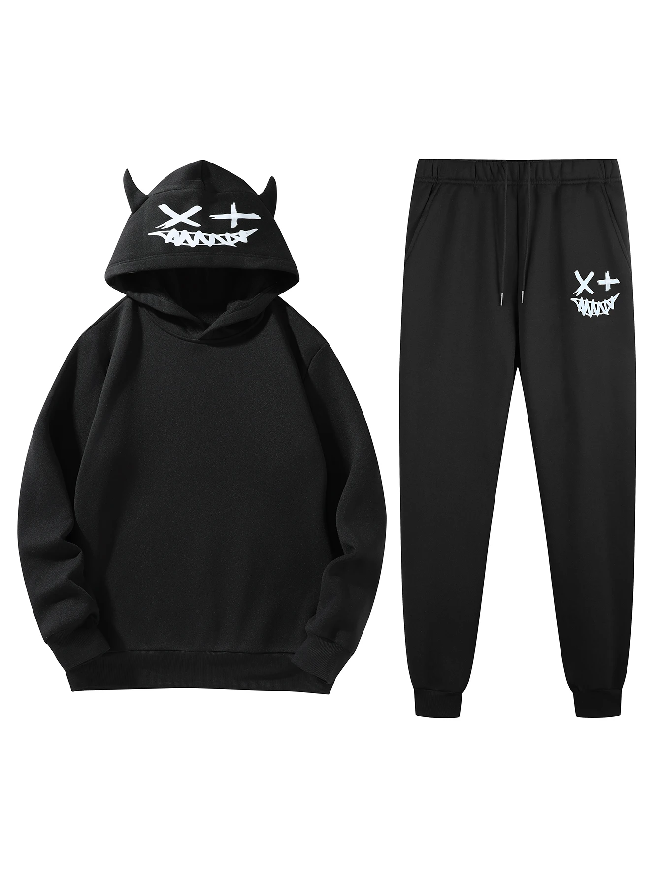 

Autumn and winter men's casual suit hoodie with small ears and smiling face printed set