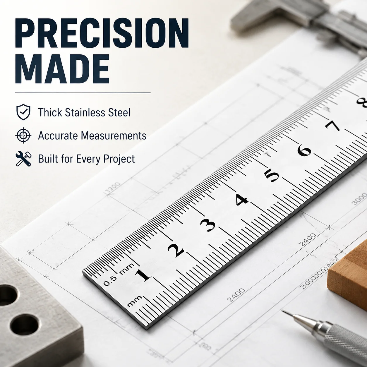 Stainless Steel Ruler Thickened Metal Measuring Tool for Students Woodworking Engineering Drawing Construction Precise