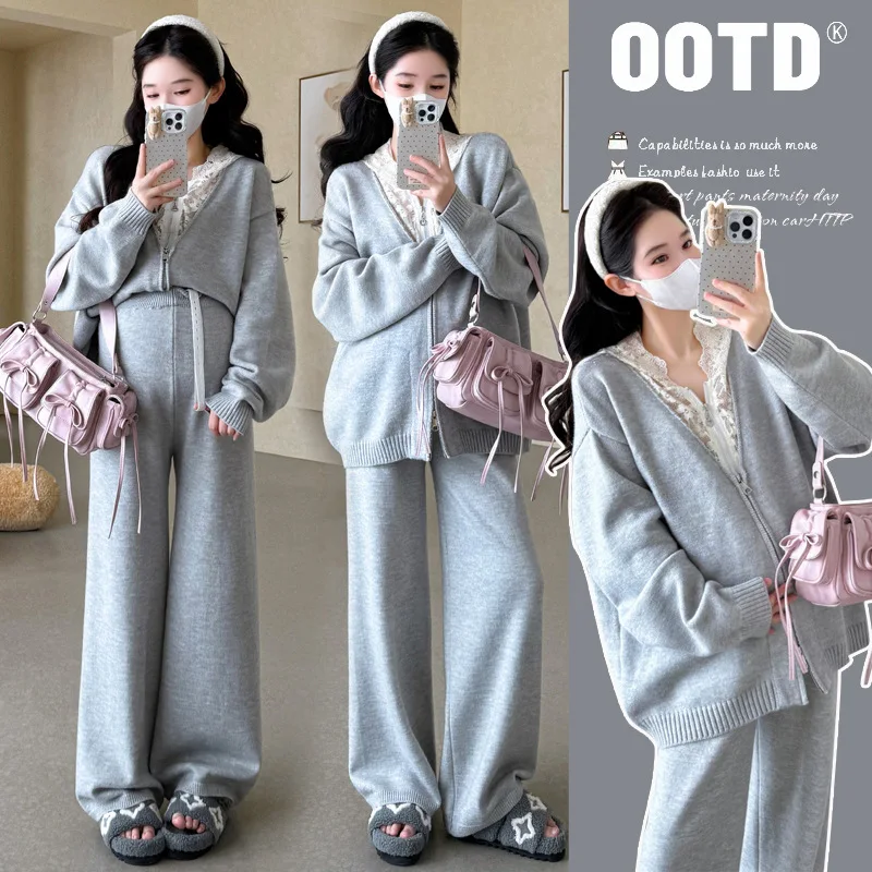 Maternity Clothing Autumn and Winter Fashion New Design Sense Splicing Lace Zipper Hooded Wide-leg Pants Two-piece Set