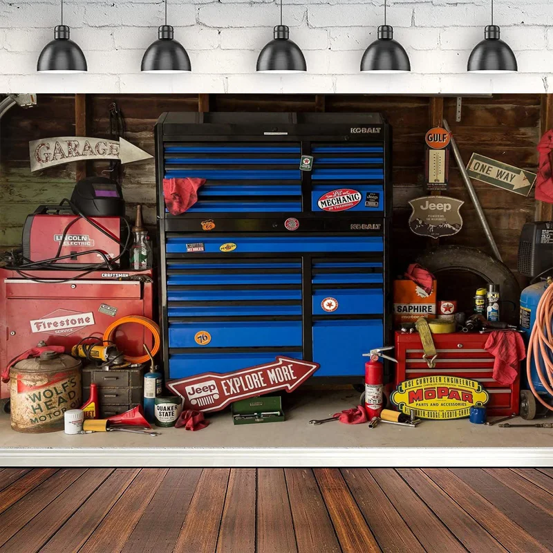 Photography Backdrop Mechanic Tools Shed Motor Car Garage Tire Toolbox Computer Print Kids Baby Shower Party Background Banner