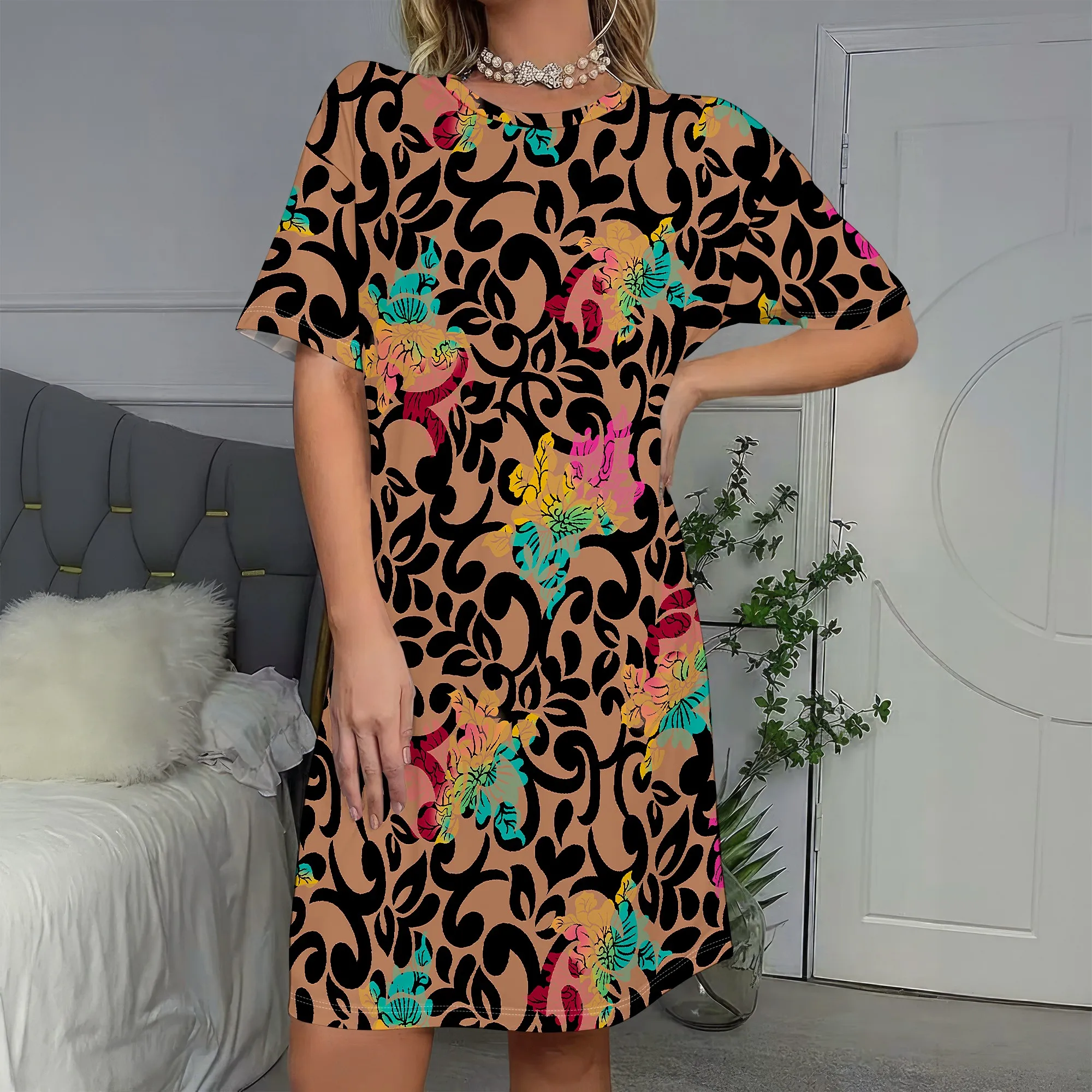 

Vibrant Floral Leopard Print, Short Sleeve Dress with Abstract Patterns, Casual Summer Wear for Women, S-2XL
