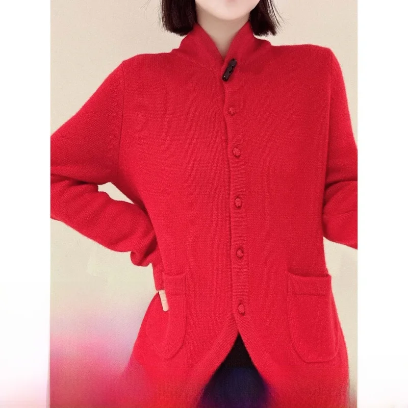 

Ретро Sle Long Sve воротник-стойка 00% шерсть открытый кардиган Thiened осень-зима женский вязаный свитер красная верхняя одежда