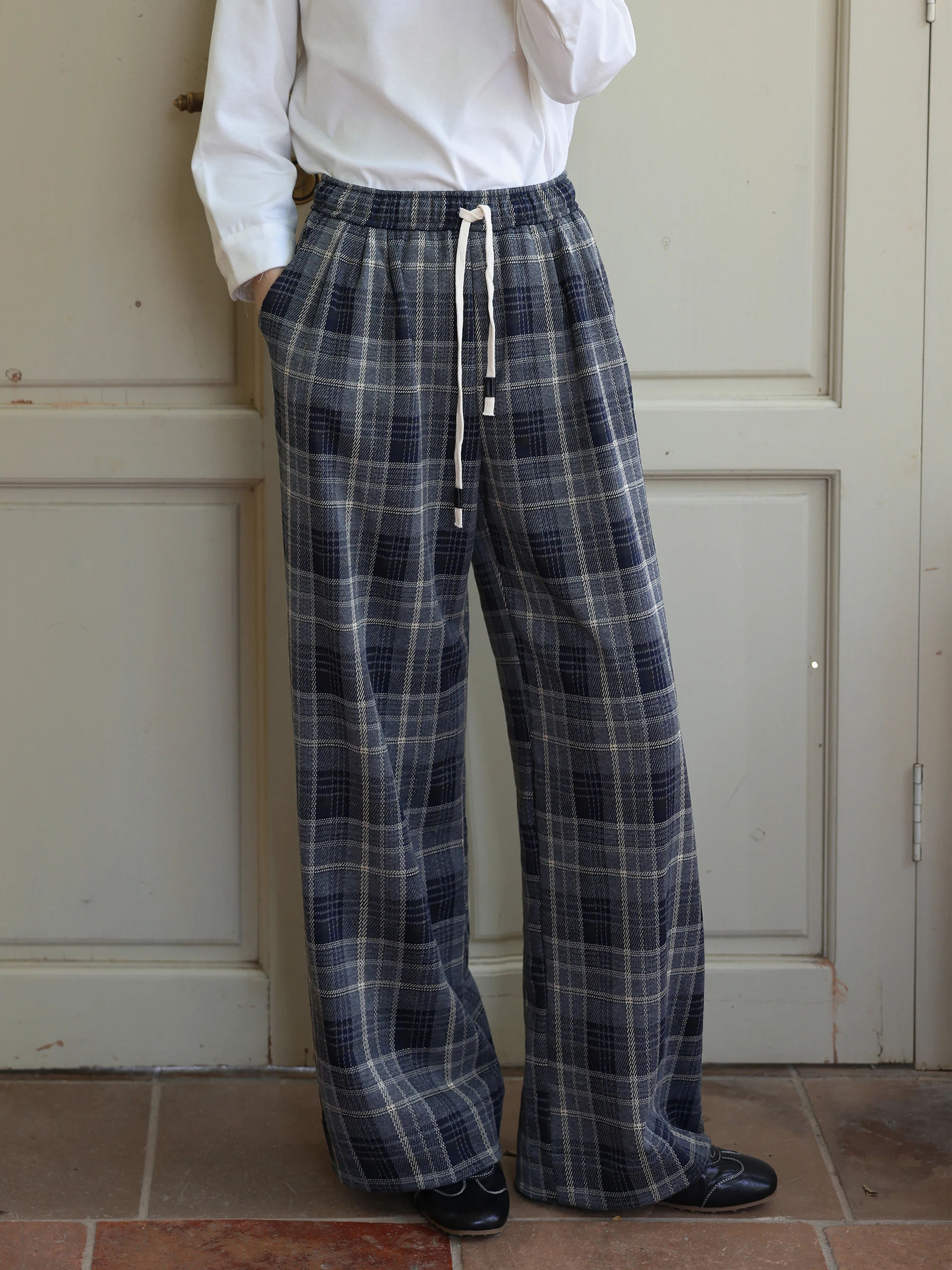 

MUNNS Vintage Plaid Elastic Waist Dstring Casual Wide Leg Pants Breathable Skin-like 3D Silhouette Ladies' Polyester Fiber