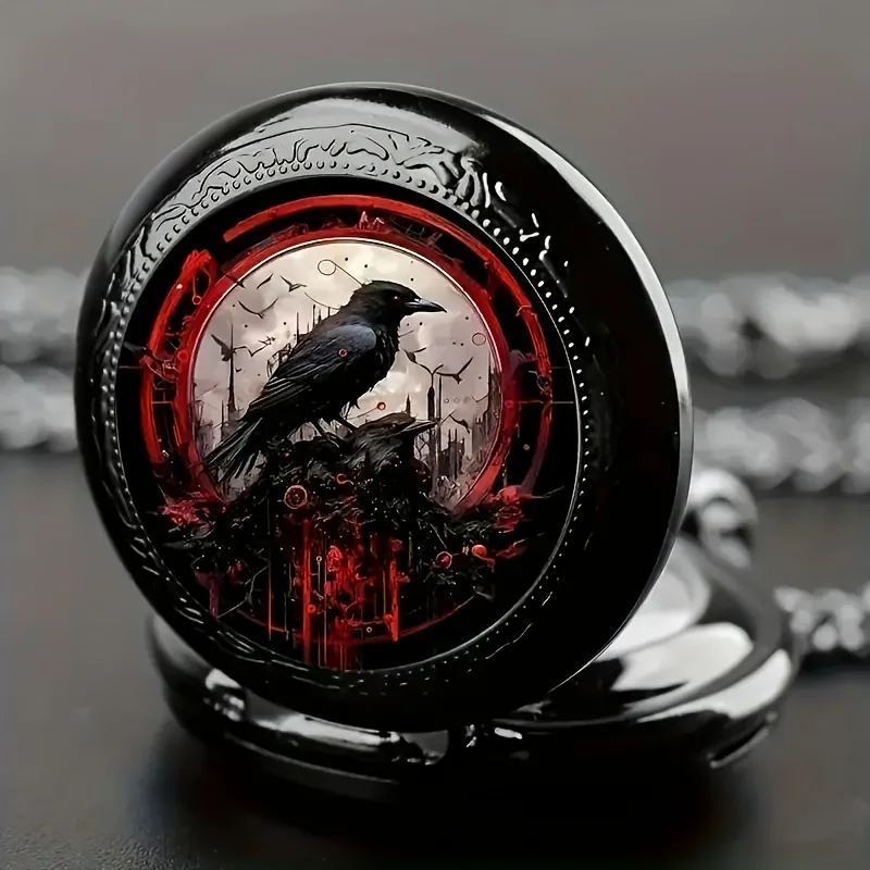 1pc New Retro Exquisite Design Black Legend Crow Medium Pocket Watch Fashion Hanging Watch Birthday Gift