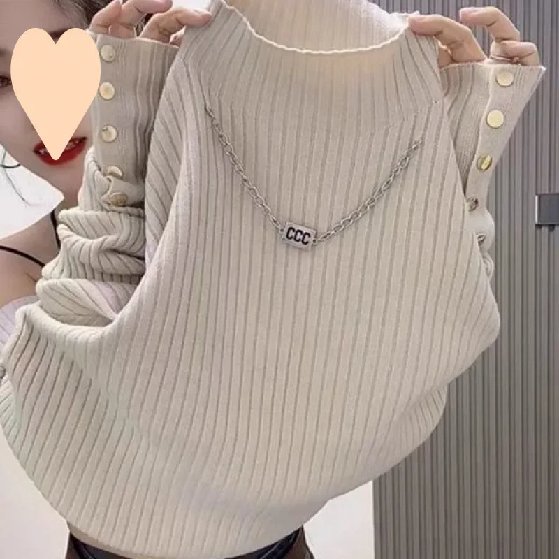 

Letter chain semi-high neck sweater sweater women's autumn and winter new loose thin soft waxy bottoming shirt top pullover