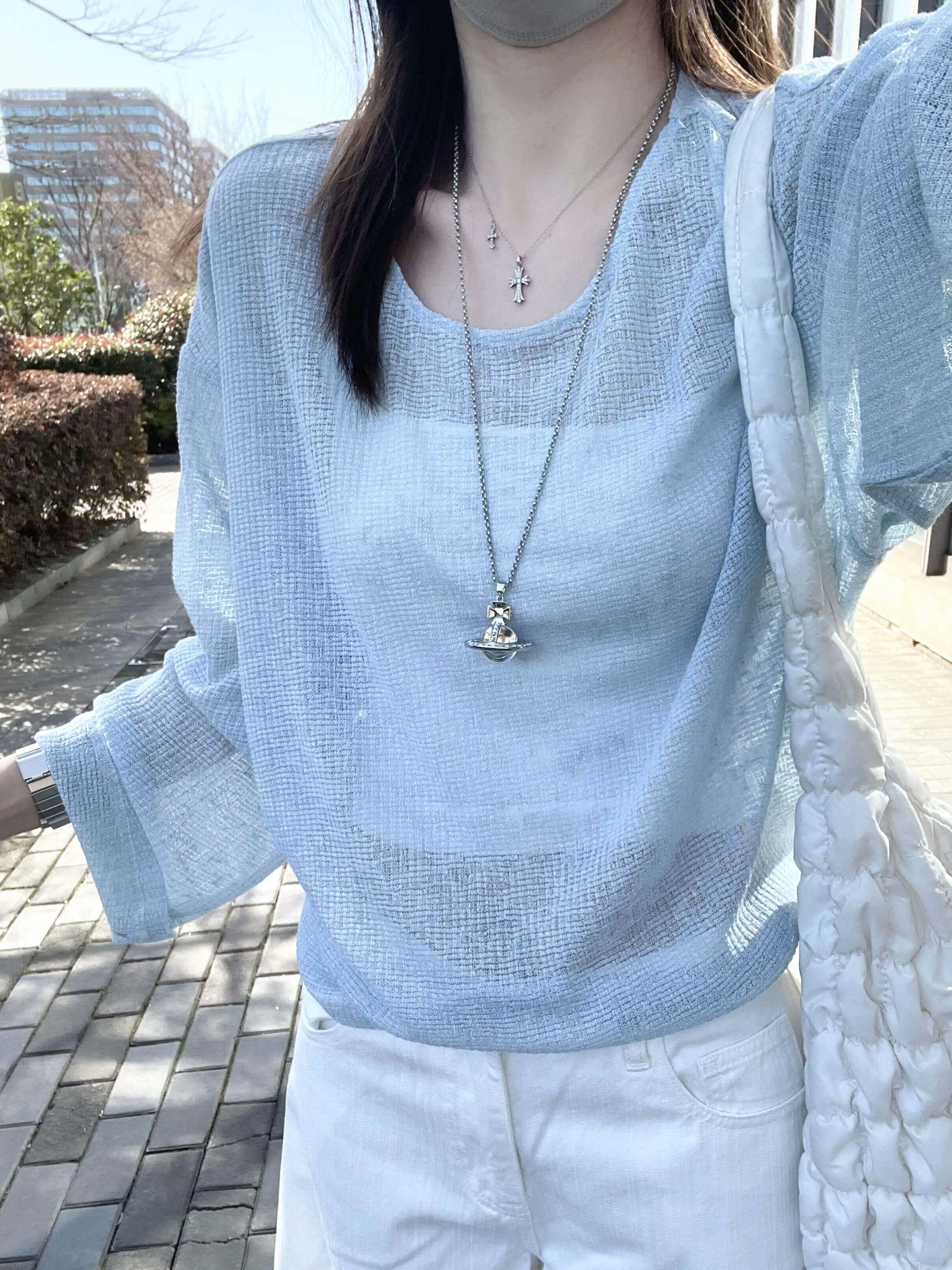 Summer New Style Dopaamine Blue Hollow out Loose Thin Sun Protection Shirt Micro Transparent Slimming Versatile Top INS Style