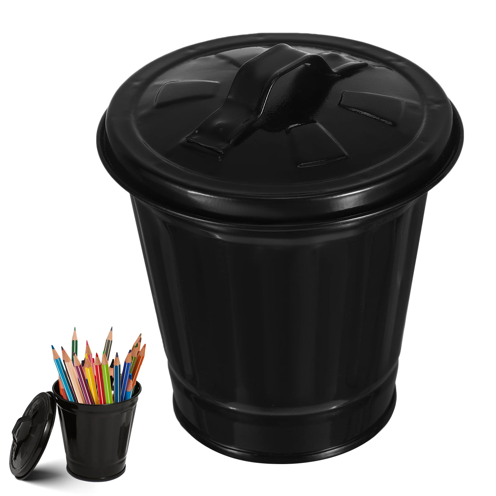 Black Metal Mini Office Trash Can Lid Desktop Waste Basket For Living Room Desk Pen Holder Bin Garbage Can With Lid