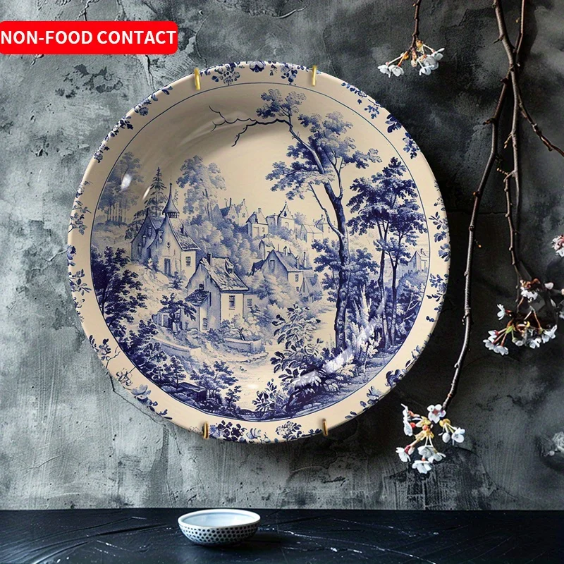 1pcEuropean Village Scenery Ceramic Decorative Plate Hand-Painted Wall Art Display Plate Home Decor Ornament Non-Food