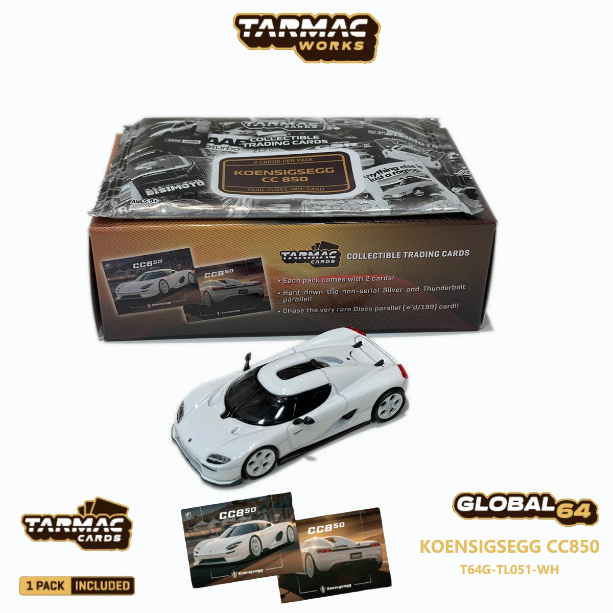 In Stock Tarmac Works 1:64 Koenigsegg CC850 Gloss White Hypercar with Trading Card Pack Diecast Car in Stock T64G-TL051-WH