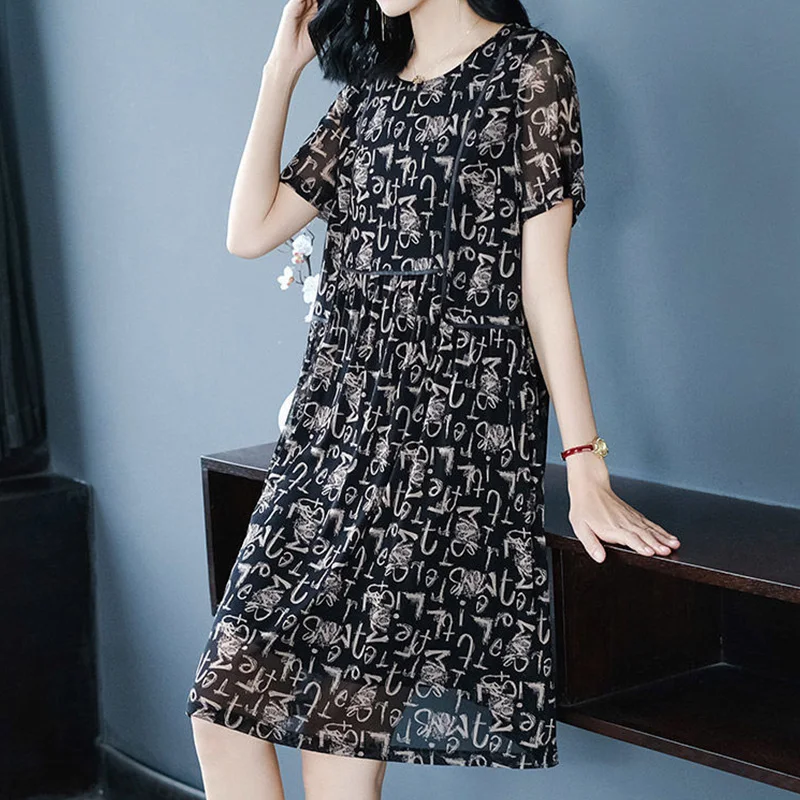 Elegant Fashion Casual Printed Gauze Dresses Summer 2023 New Streetwear Short Sleeve O-Neck Pullover Midi Dress Women\'s Clothing